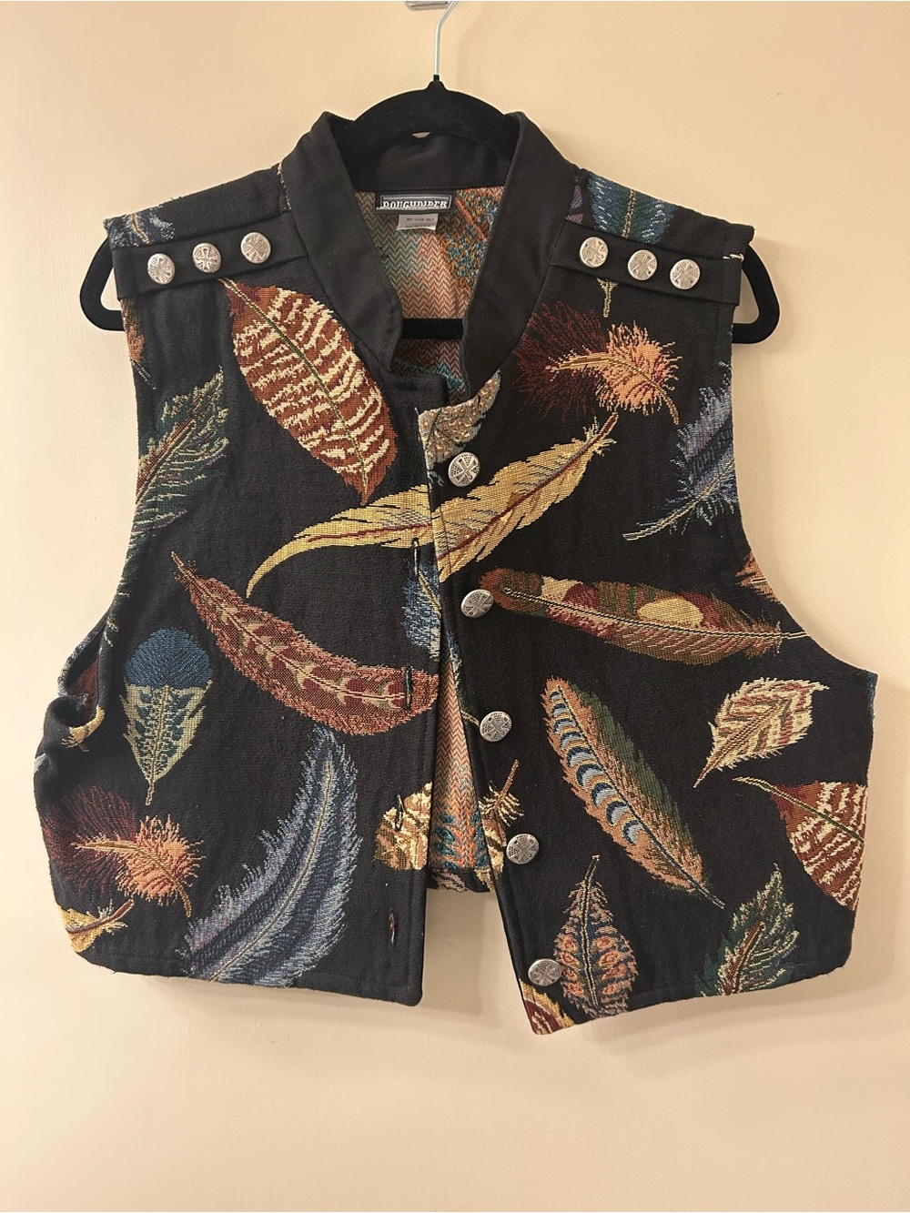 VTG Roughrider by Circle T Feather Tapestry Western Vest L/XL Boho Cowgirl Fall